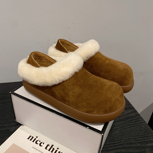 磨砂牛皮复古圆头两穿毛毛鞋 一脚套加厚保暖勃肯鞋 女2025年新款