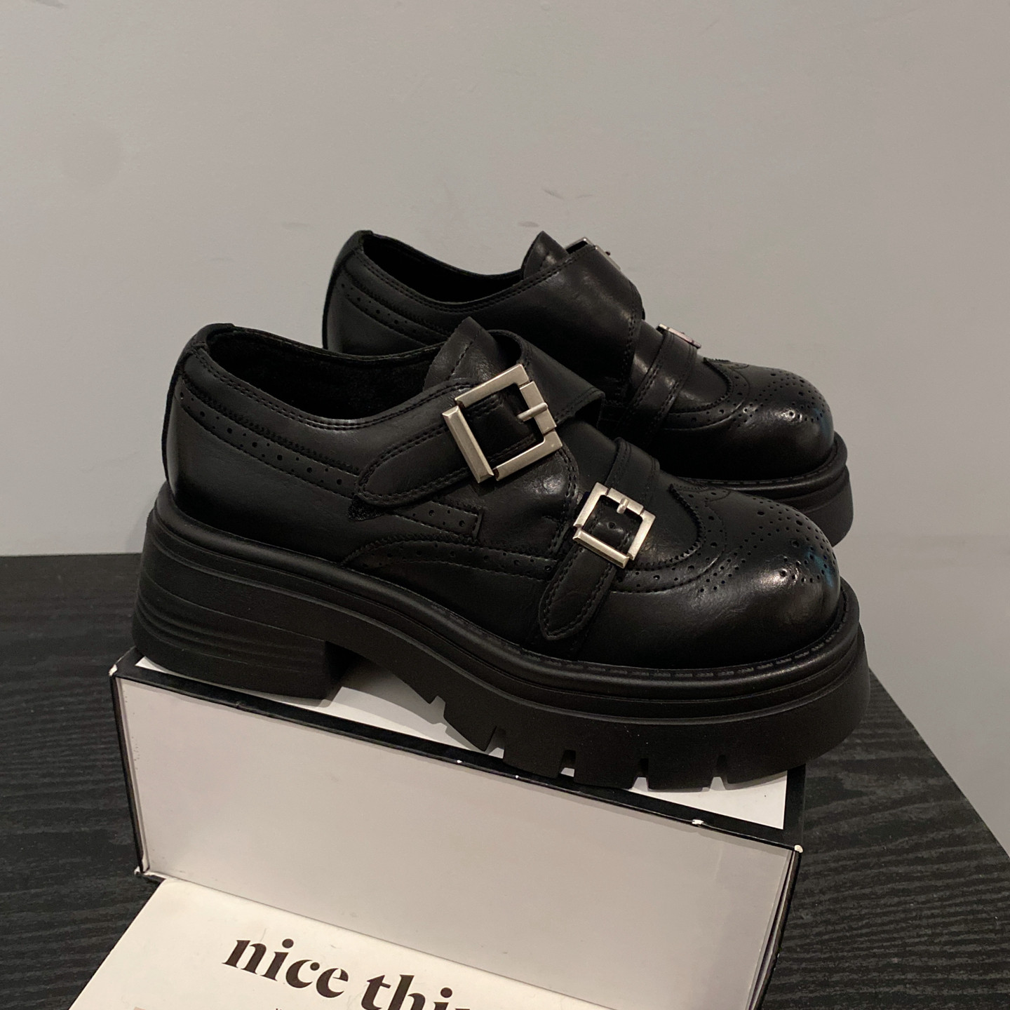 2025年新款英伦风厚底布洛克雕花双搭扣乐福鞋女真皮加绒休闲鞋,女鞋,乐福鞋（豆豆鞋）,淘宝优惠券,粉丝福利购,淘宝优惠卷