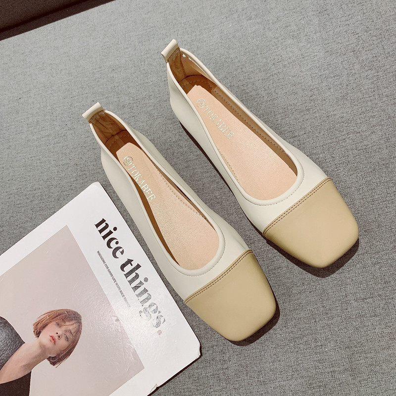 温柔淑女风软面拼色浅口单鞋女2025年新款复古方头软底低跟工作鞋,女鞋,浅口单鞋,淘宝优惠券,粉丝福利购,淘宝优惠卷
