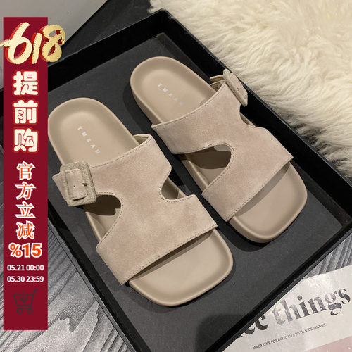 真皮一字露趾半拖鞋女外穿休闲拖