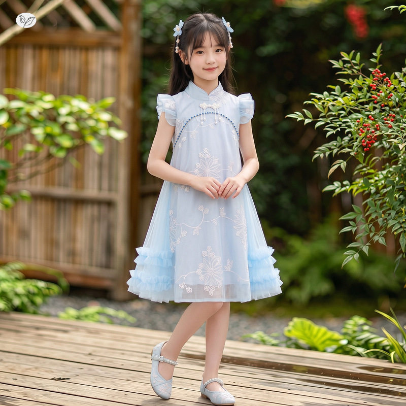 女童小飞袖改良旗袍裙2026夏季新款中大童绣花蛋糕纱裙儿童连衣裙