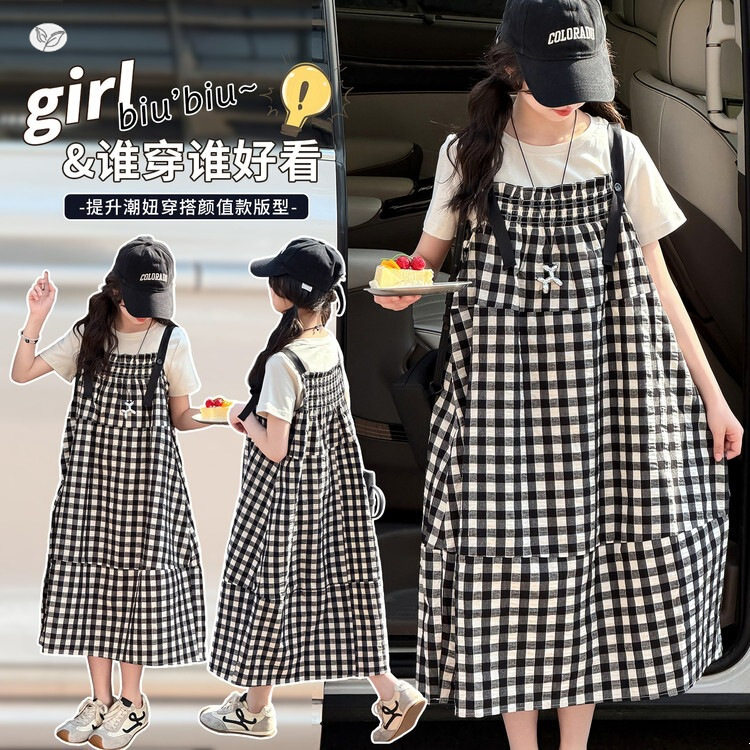 夏装女童洋气无袖中长裙2025夏季新款儿童格子大口袋连衣裙大摆裙