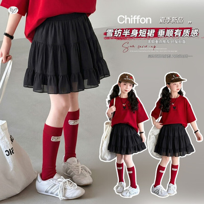 女童夏季雪纺半身裙短裙2026新款中大童蛋糕裙A字裙垂感百搭裙子