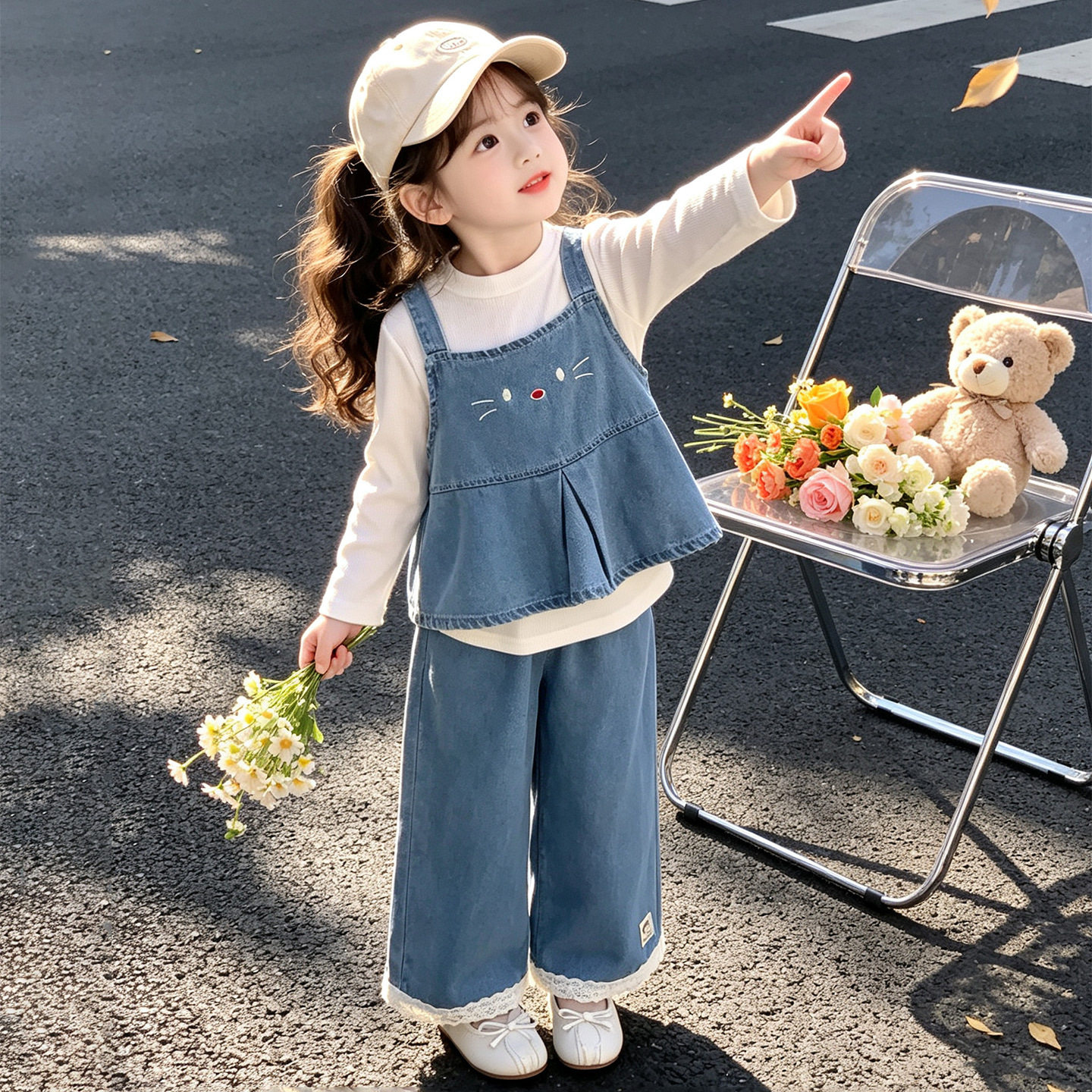 外贸女童秋季刺绣猫咪牛仔三件套2026新款洋气儿童套装网红童装潮