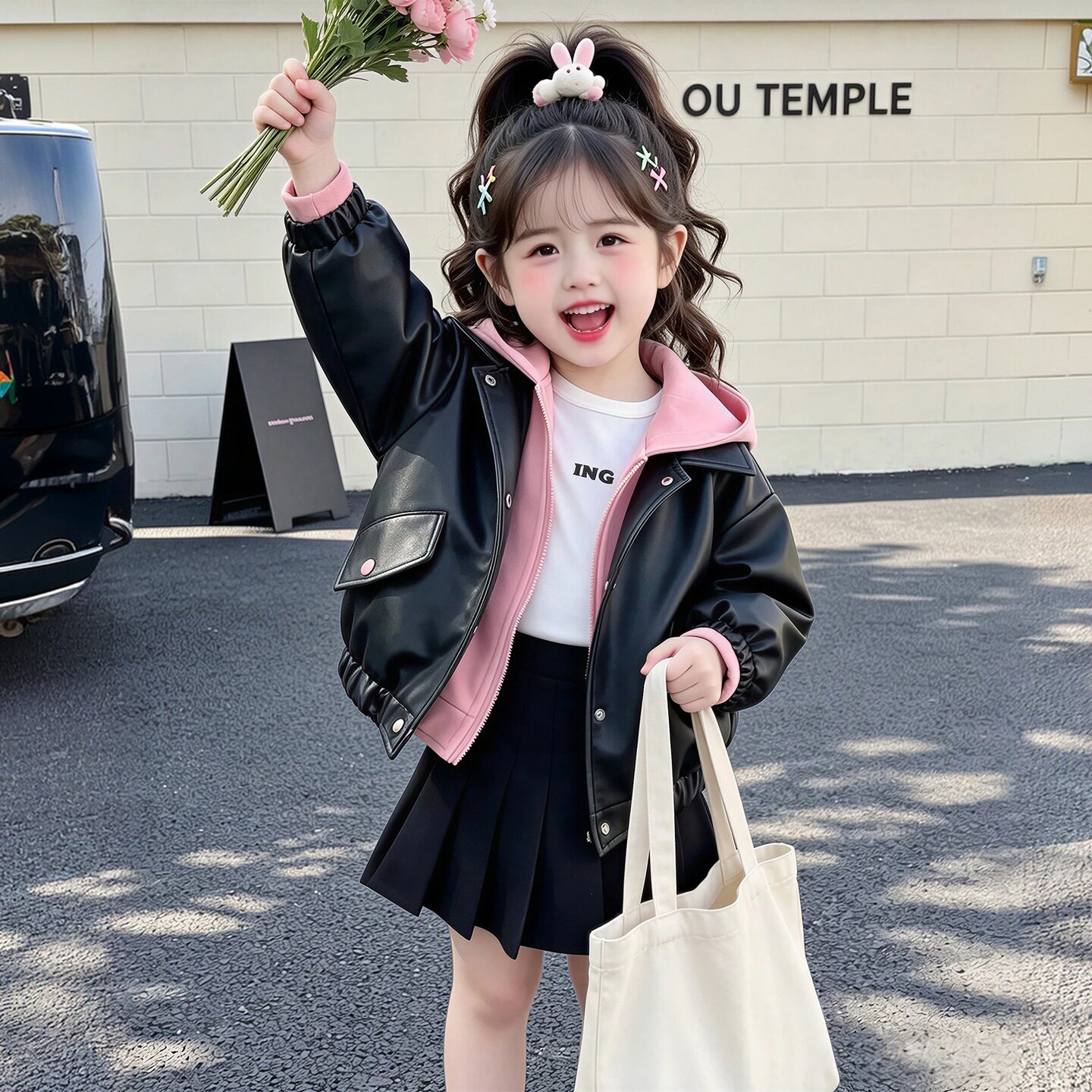 外贸女童皮衣假两件连帽外套2026新款秋款儿童韩版洋气大衣童装潮