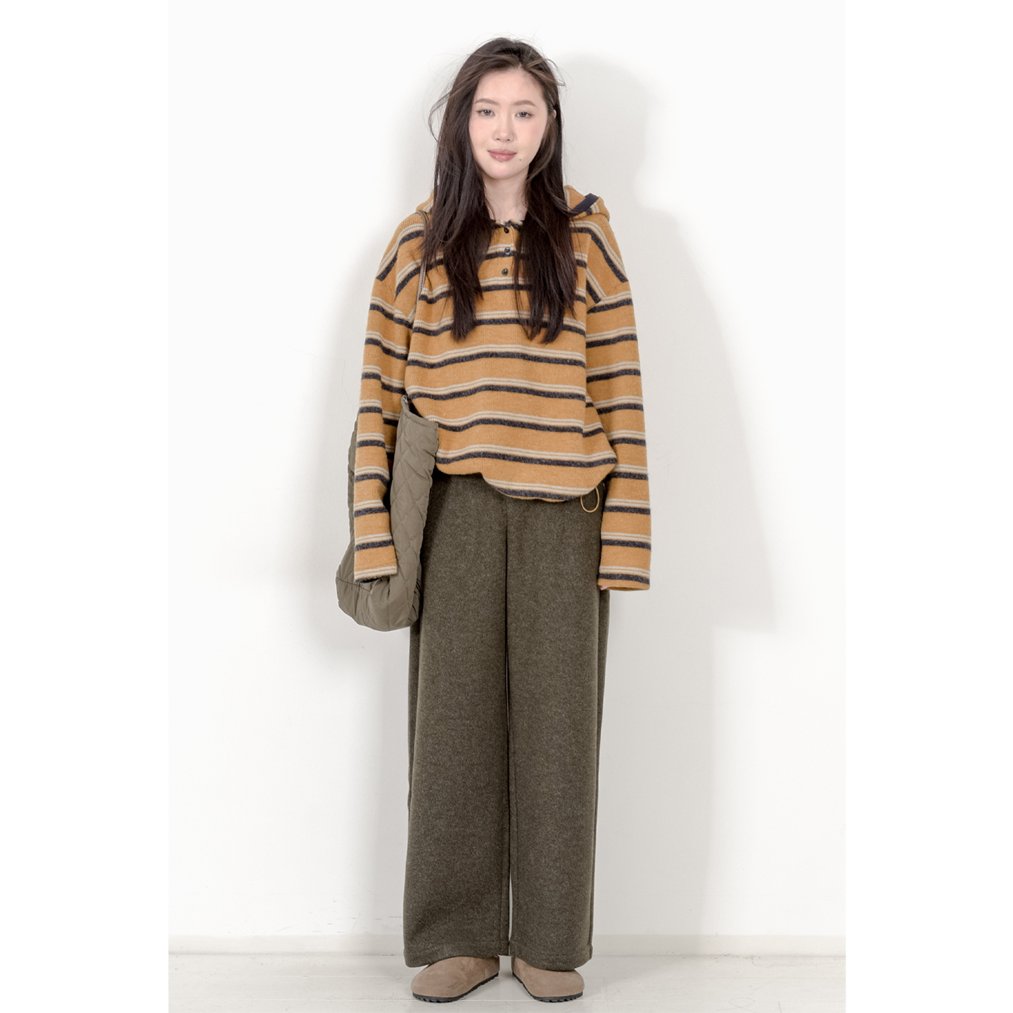 撞色条纹连帽套头毛衣