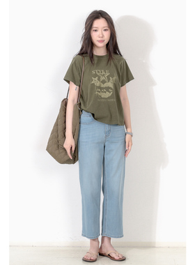 KNgs 夏季美式复古短款纯棉T恤女水洗做旧印花宽松短袖上衣