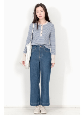 KNgs 春秋复古风纯色蓝色高腰显瘦九分裤直筒阔腿裤牛仔裤女