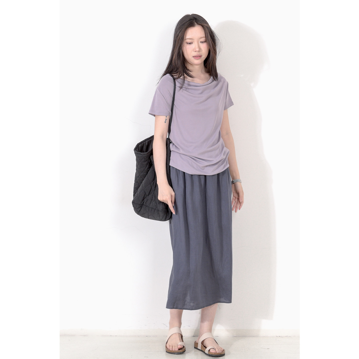 KNgs 夏季法式温柔风荡领短袖T恤女垂坠一字堆堆领显瘦纯色上衣