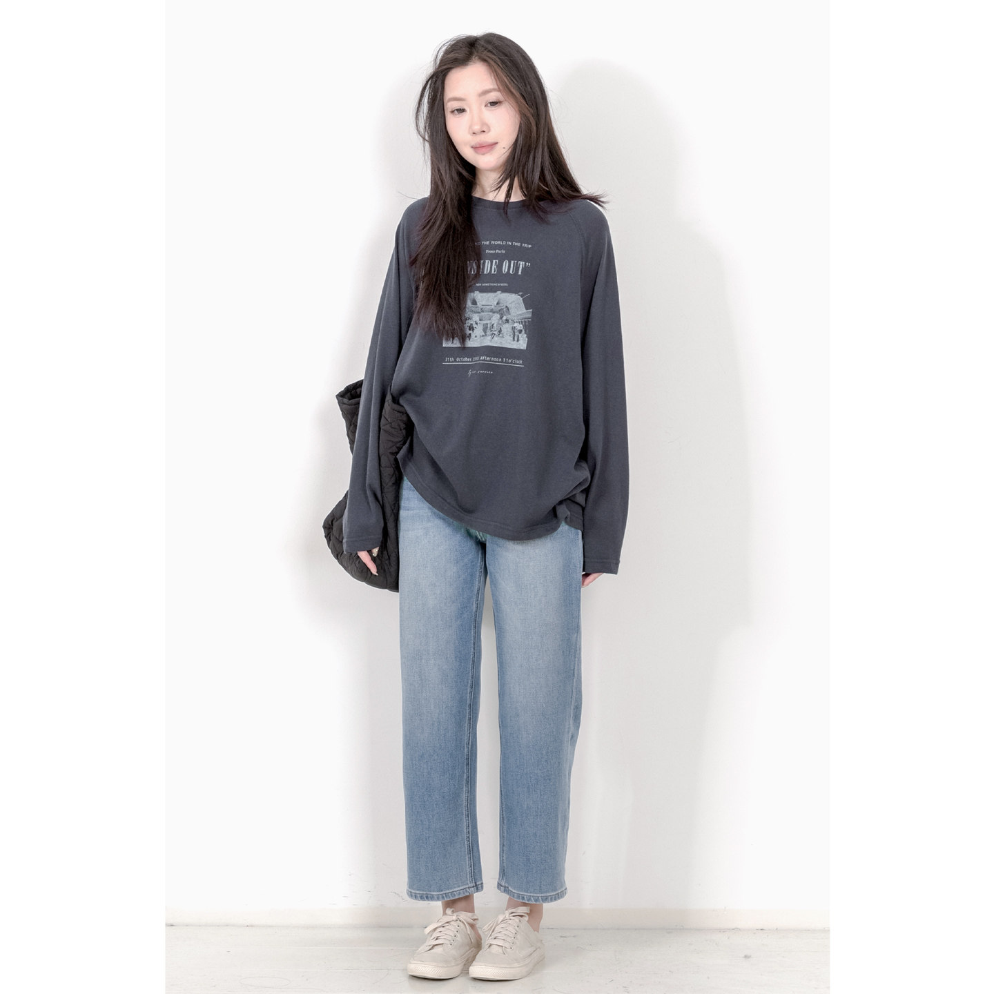 KNgs 春季美式复古学院风宽松长袖图案印花中长款打底衫T恤女