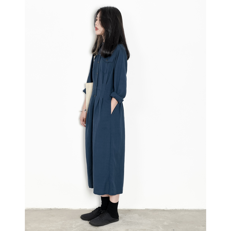KNgs 初秋复古日系宽松棉麻高腰显瘦长袖工装a字裙长裙连衣裙女