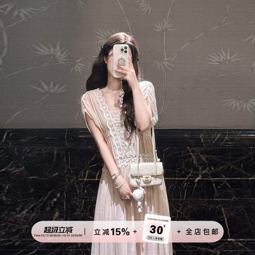YIKOwow人丝苎麻蕾丝拼接连衣裙