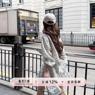 百褶短裙氛围感防晒套装 衬衫 莱赛尔亚麻格纹长袖 YIKOwow微醺薄荷