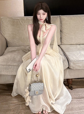 YIKOwow 仙仙飘带莱赛尔亚麻吊带百褶连衣裙罩衫套装宽松轻薄上衣