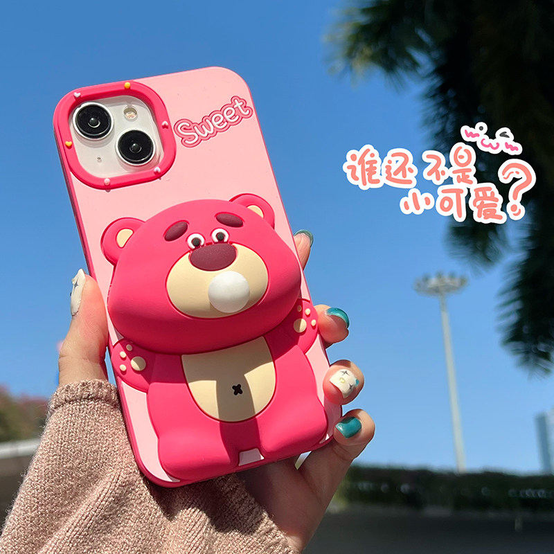 ins可爱按压吹泡泡草莓熊适用苹果15手机壳14ProMax创意iPhone13卡通iPhone12新款15ProMax