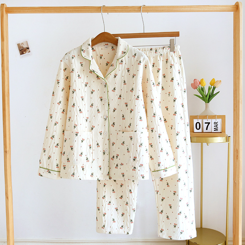 秋冬季薄棉睡衣两件套女士夹棉加厚家居服大码可外穿套装