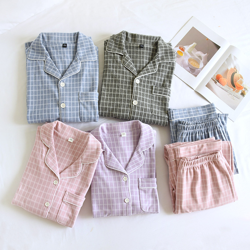 情侣款睡衣套装男女秋冬保暖微弹长袖长裤可外穿家居服日系格子