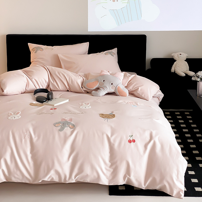 2024新款100S全棉长绒棉磨毛四件套少女心粉色小清新被套卡通可爱