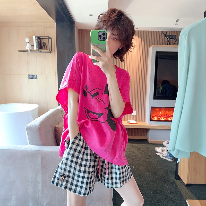 AMYOYOJA新款 巨显白火龙果色透气亚麻后背拉链超藏肉大版短袖T女