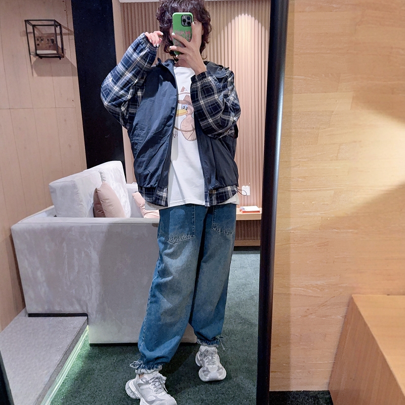 AMYOYOJA新款 英伦风连帽假两件拼接格子面料下摆抽绳宽松外套女
