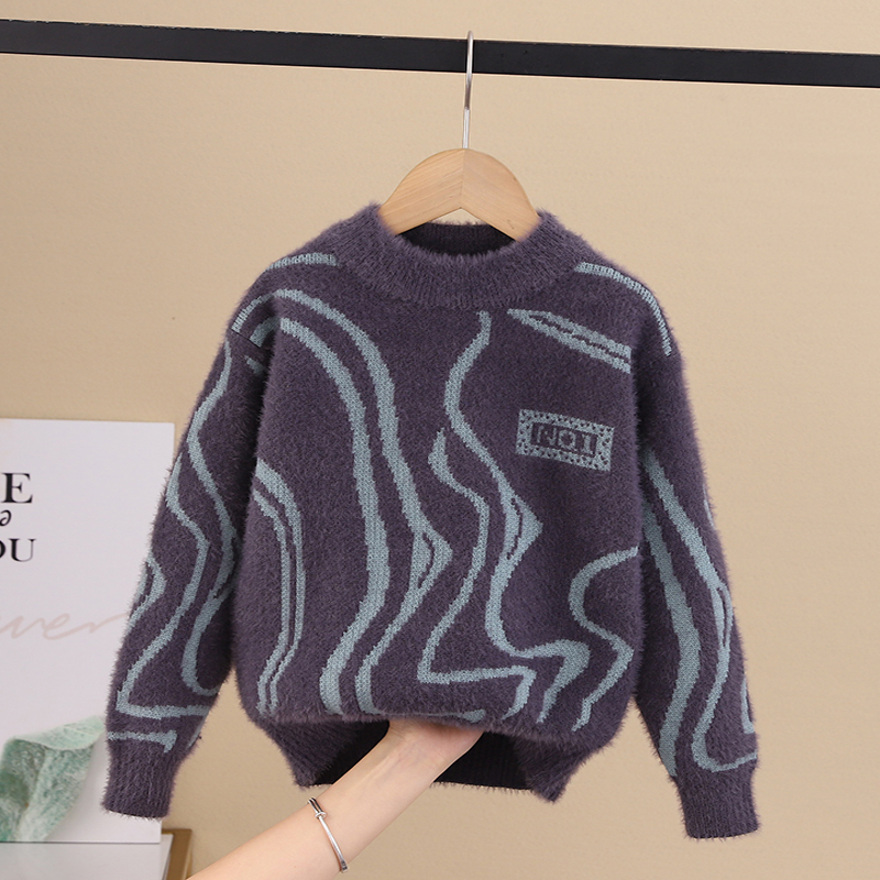 男童毛衣男孩中大童宝宝秋冬季针织打底衫圆领套头加厚水貂绒