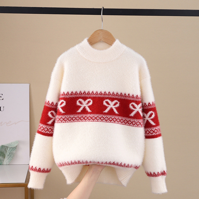 女童毛衣中大童秋冬2025新款红色针织打底衫水貂绒加厚保暖不起球