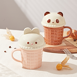 日式卡通萌系陶瓷甜筒杯可爱兔子三花猫马克杯带盖猫咪情侣咖啡杯