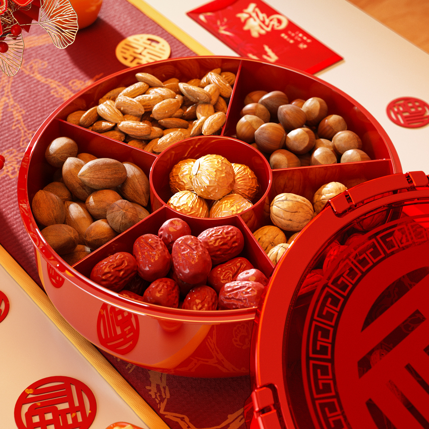 新年果盘高级感轻奢家用客厅分格糖果盒水果盘干果盘零食盘坚果盒