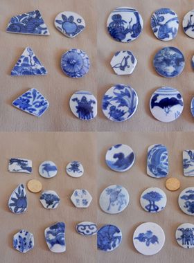 明清 青花古瓷老瓷片首饰品 手工打磨 Diy做项坠吊坠戒指手镯耳环