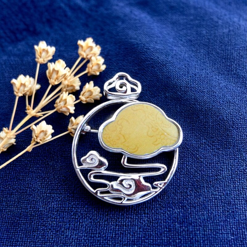 手工925纯银镶嵌 康熙官窑黄釉暗刻龙纹 古瓷老瓷首饰 胸针吊项坠