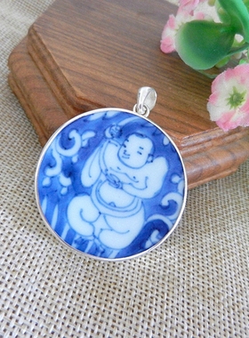 手工925纯银镶嵌 康熙 青花古瓷老瓷片首饰礼品 吊项坠 连生贵子