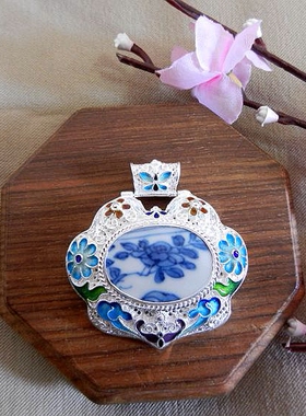 925银花丝镶嵌康熙老瓷项坠孤品