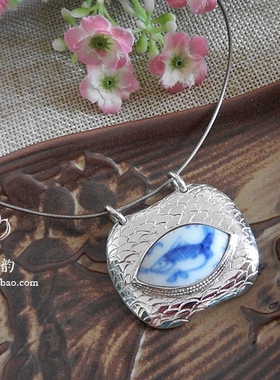 手工925纯银孤品青花鱼纹项坠