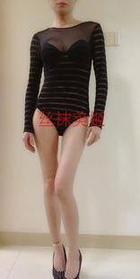 丝袜美姬 实拍新款 超性感弹力 网纱拼绒修身全透视长袖连体上衣