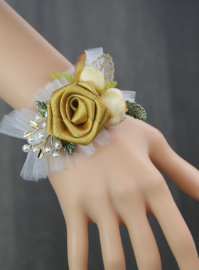 新款玫瑰缎带结婚婚礼新娘手腕花伴娘姐妹手花环婚纱手环花手链