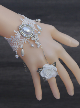 复古lolita洛丽塔宫廷配饰哥特白色蕾丝手链戒指一体民族风蝴蝶