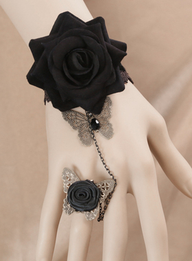 艾米米新款玫瑰欧美蕾丝洛丽塔连指戒指复古萝莉花朵百搭手链
