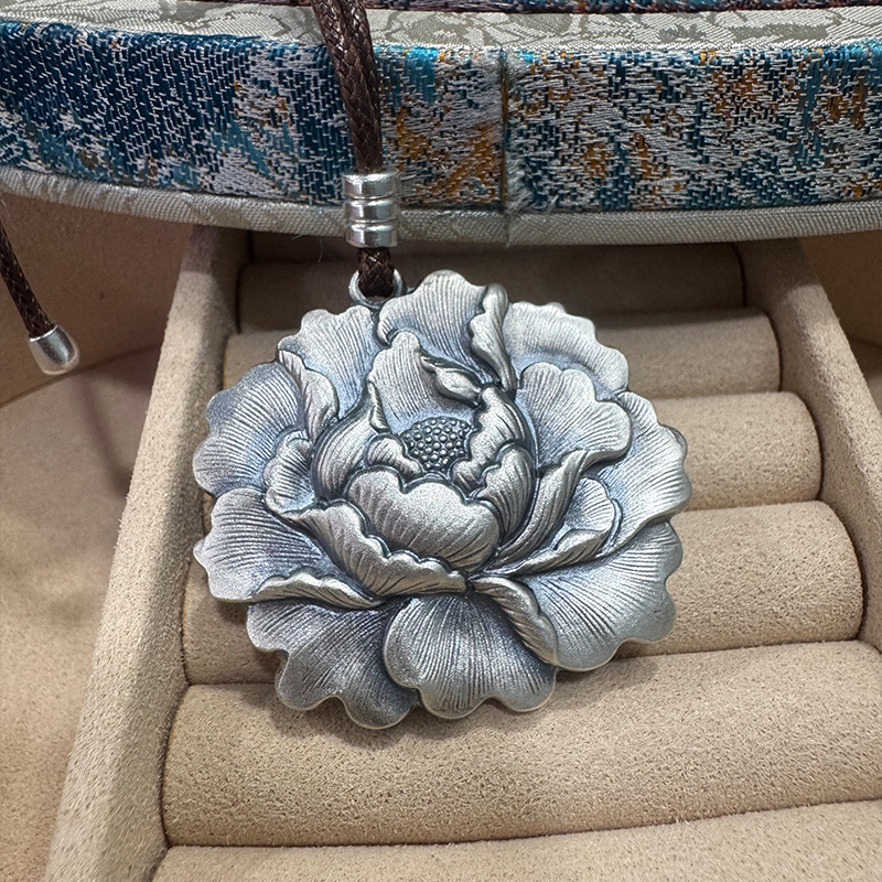 YES 足银999牡丹花吊坠复古国风纯银项链挂坠女士送妈妈礼物新款