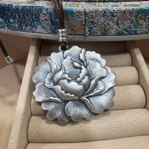 YES 足银999牡丹花吊坠新中式复古国风纯银项链挂坠女送妈妈礼物