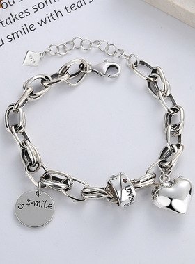 YES 立体S925纯银手链复古做旧泰银拼接粗链爱心英文筒珠潮流手链