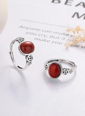 YES S925纯银铜钱南红戒指复古做旧血珀指环食指戒气质镶嵌个性女