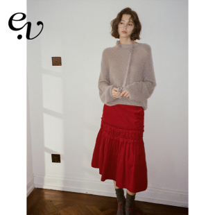 灯芯绒感红色秋冬节日氛围半裙 100%细坑条匹马棉 Even Vintage