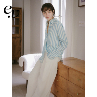 Vintage 翻领衬衫 天丝亚麻 经典 薄荷绿条纹长袖 Even