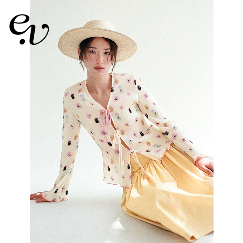 Even Vintage| 花影漫夏 浪漫花卉印花V领绑带设计春夏压褶开衫