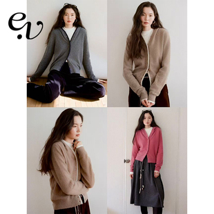 开衫 Even 连帽排扣复古边缘撞色百搭毛衫 羊毛羊绒混纺 Vintage