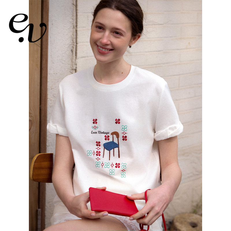 Even Vintage | 棉涤混纺 白色印花刺绣花朵慵懒氛围感短袖T恤女