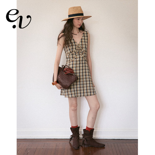 Even Vintage | 复古泡泡格纹 优雅甜美V领肌理无袖背心连衣裙夏