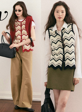 Even Vintage | 钩针编织 镂空纹理复古波浪花纹纽扣背心针织上衣