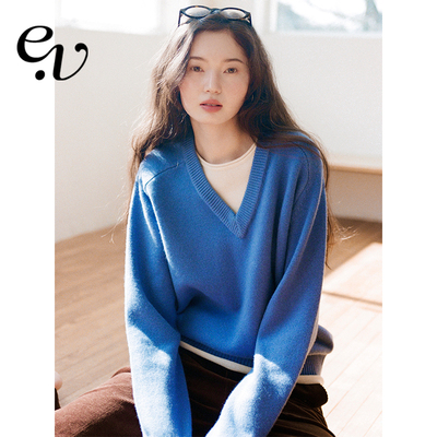 Even Vintage | 100%羊毛 V领设计本白色圆领假两件百搭针织上衣