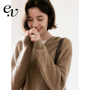 软糯温柔v领连帽套头针织衫 羊毛羊绒混纺 毛衣冬 Vintage Even